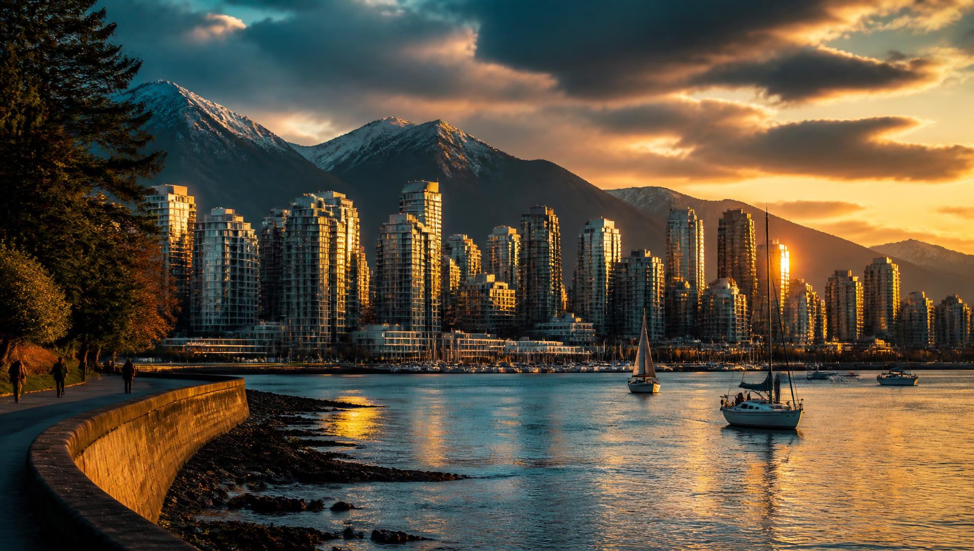 Downtown Vancouver skyline and seawall at sunset
